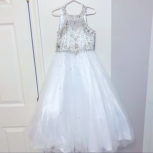 White Halter Rhinestone Pageant Dress- Girls